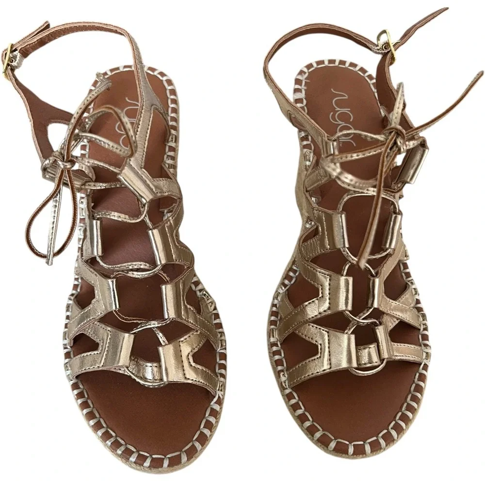 Sugar Hunnies Metallic Gold Strappy‎ Espadrille Wedge Sandals Womens 10M